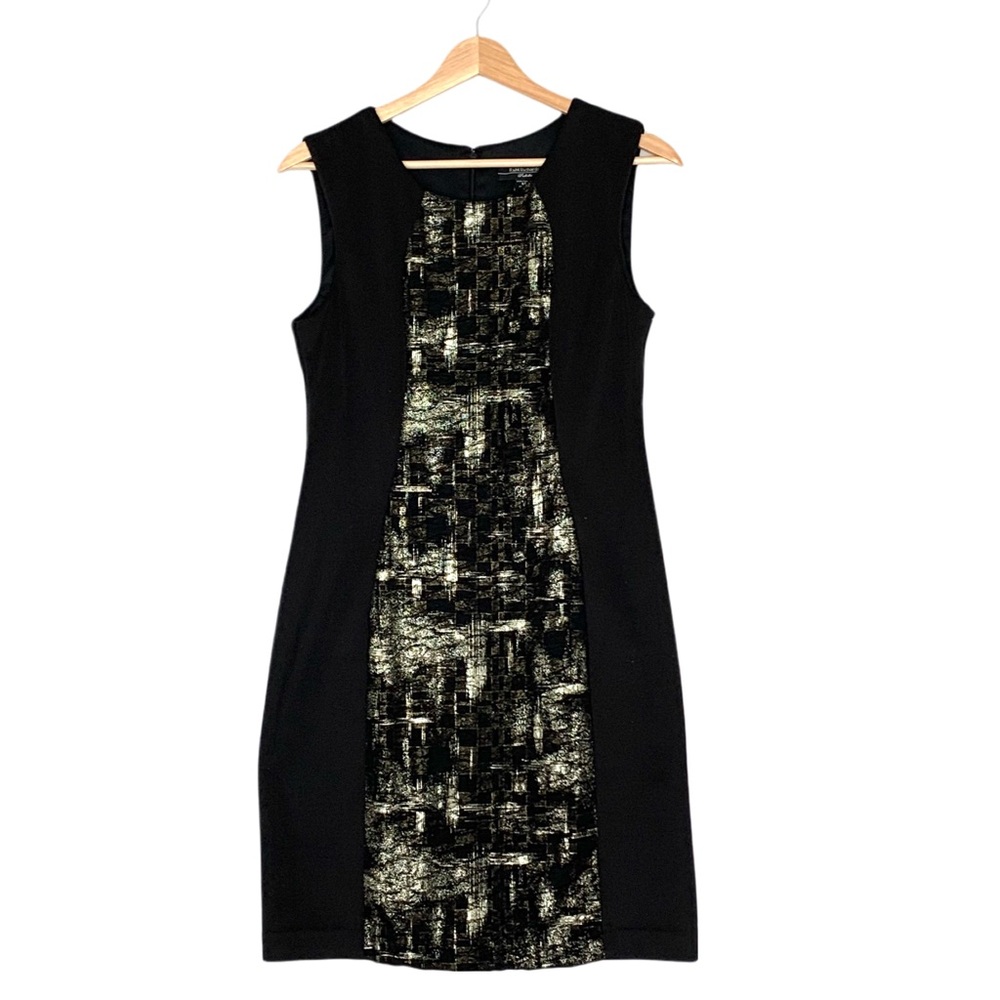 R&M Richards Black and Gold Foil Print Figure Flattering Dress Size 6 Petite